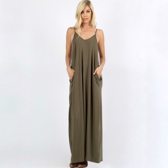 OLIVE green spaghetti strap maxi dress with pockets Extra Large XL - Picture 7 of 8